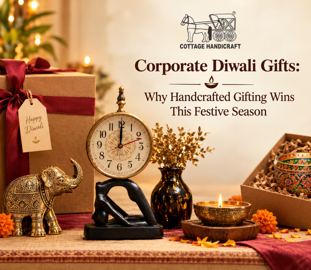 Handcrafted corporate Diwali gifts arranged in a festive hamper with diyas and brass decor