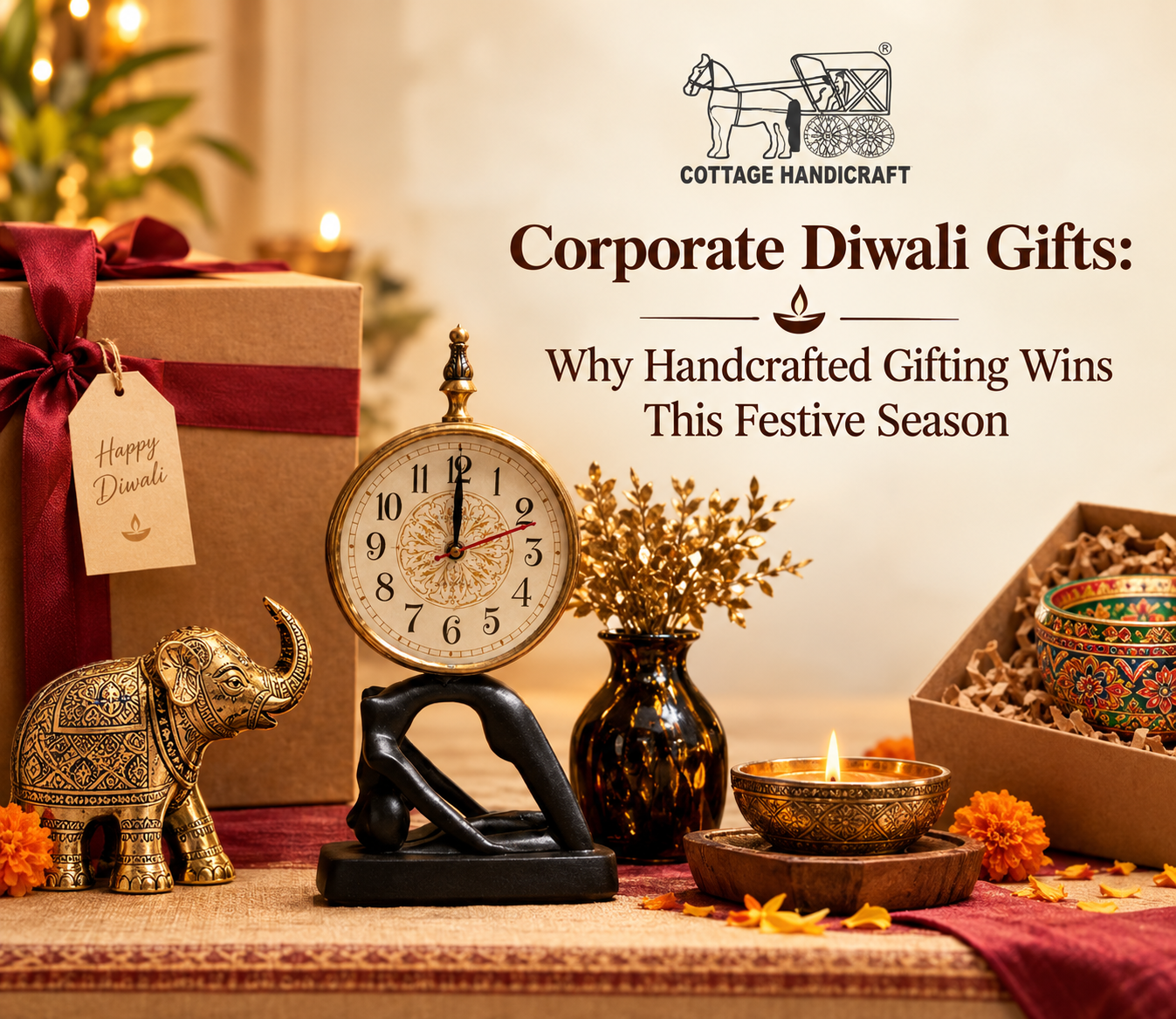 Handcrafted corporate Diwali gifts arranged in a festive hamper with diyas and brass decor